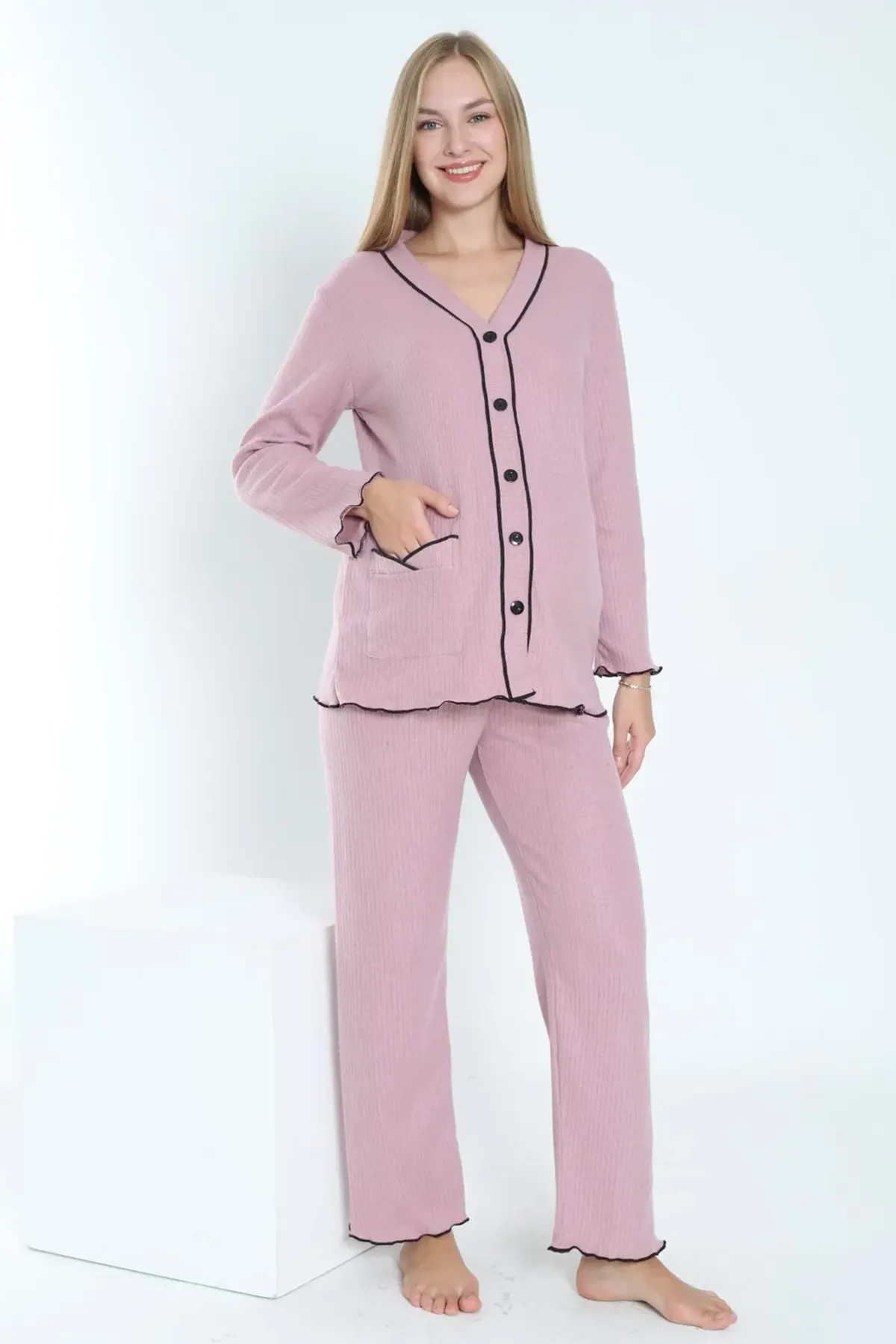 Ribbed Stripe Maternity & Nursing Pajamas Dried Rose - 3250