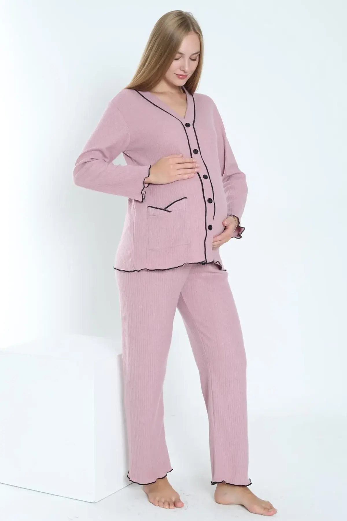 Ribbed Stripe Maternity & Nursing Pajamas Dried Rose - 3250