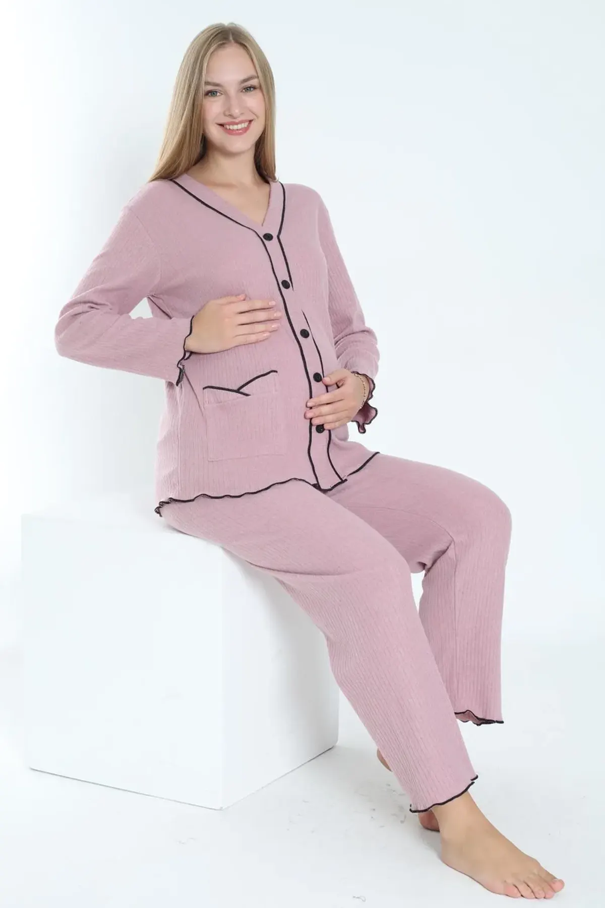 Ribbed Stripe Maternity & Nursing Pajamas Dried Rose - 3250