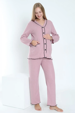 Ribbed Stripe Maternity & Nursing Pajamas Dried Rose - 3250