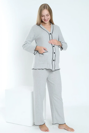 Ribbed Stripe Maternity & Nursing Pajamas Grey - 3250