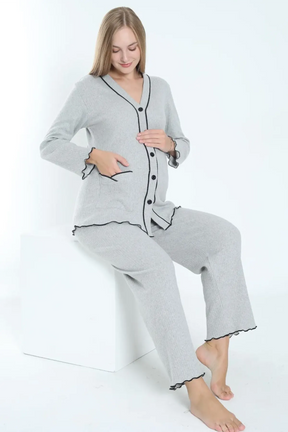 Ribbed Stripe Maternity & Nursing Pajamas Grey - 3250