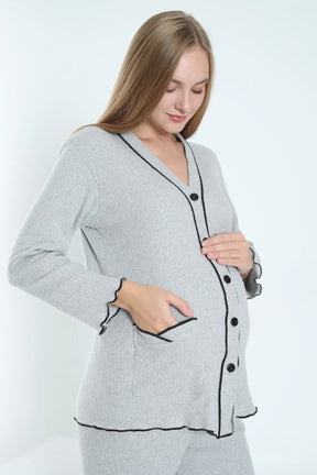 Ribbed Stripe Maternity & Nursing Pajamas Grey - 3250