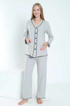 Ribbed Stripe Maternity & Nursing Pajamas Grey - 3250