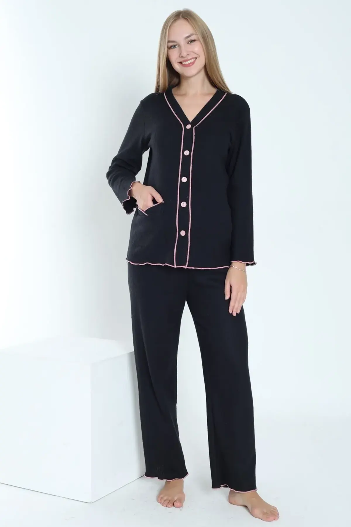 Ribbed Stripe Maternity & Nursing Pajamas Black - 3250