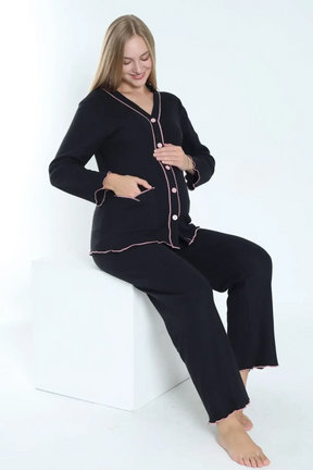 Ribbed Stripe Maternity & Nursing Pajamas Black - 3250