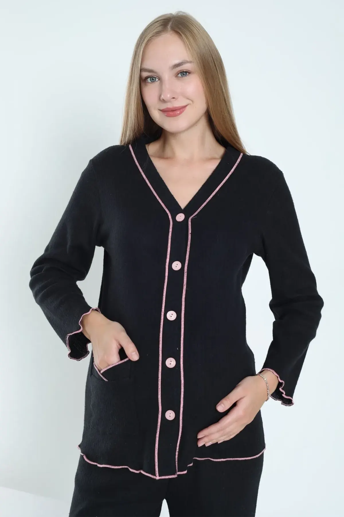 Ribbed Stripe Maternity & Nursing Pajamas Black - 3250