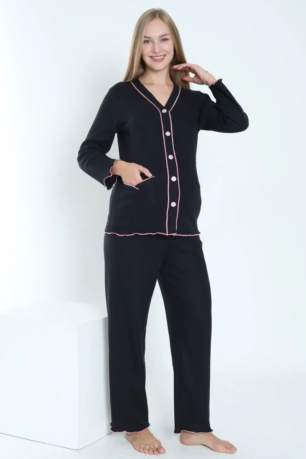 Ribbed Stripe Maternity & Nursing Pajamas Black - 3250