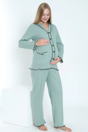 Ribbed Stripe Maternity & Nursing Pajamas Green - 3250