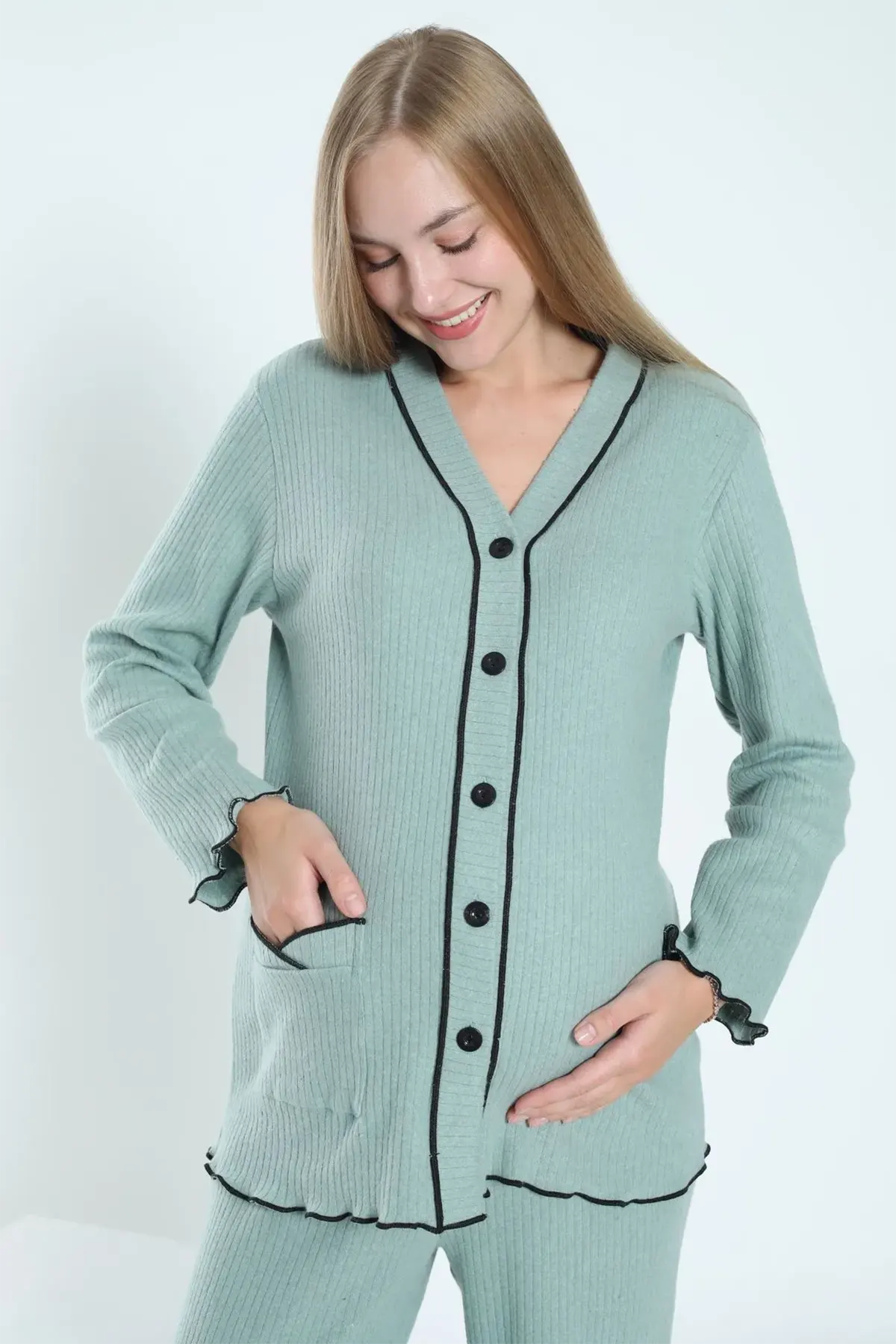 Ribbed Stripe Maternity & Nursing Pajamas Green - 3250