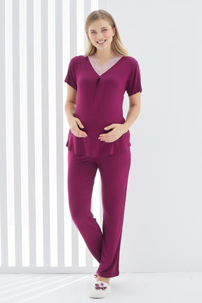 Lace Collar 3-Pieces Maternity & Nursing Pajamas With Flowery Robe Plum - 3398