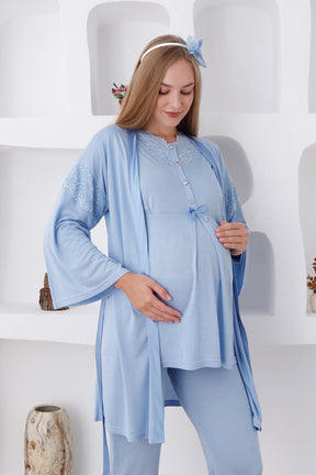 Lace Collar 3-Pieces Maternity & Nursing Pajamas With Robe Blue - 3420