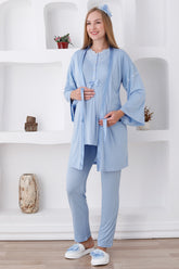 Lace Collar 3-Pieces Maternity & Nursing Pajamas With Robe Blue - 3420