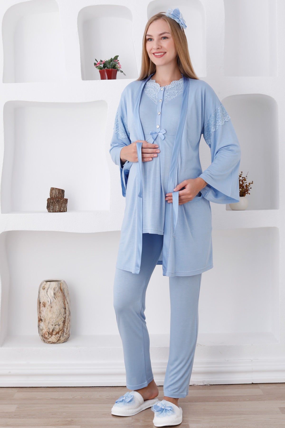 Lace Collar 3-Pieces Maternity & Nursing Pajamas With Robe Blue - 3420