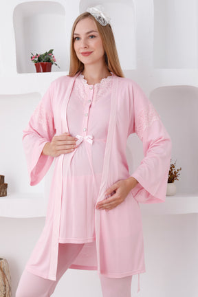 Lace Collar 3-Pieces Maternity & Nursing Pajamas With Robe Pink - 3420