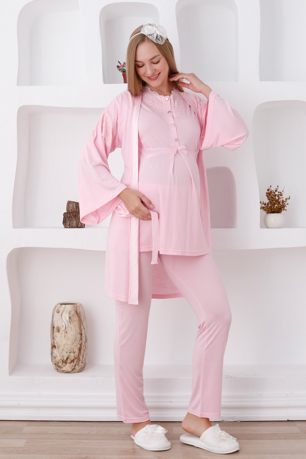 Lace Collar 3-Pieces Maternity & Nursing Pajamas With Robe Pink - 3420