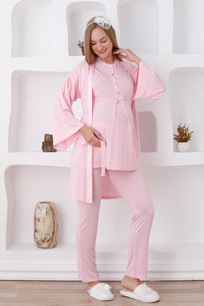 Lace Collar 3-Pieces Maternity & Nursing Pajamas With Robe Pink - 3420