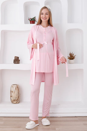 Lace Collar 3-Pieces Maternity & Nursing Pajamas With Robe Pink - 3420