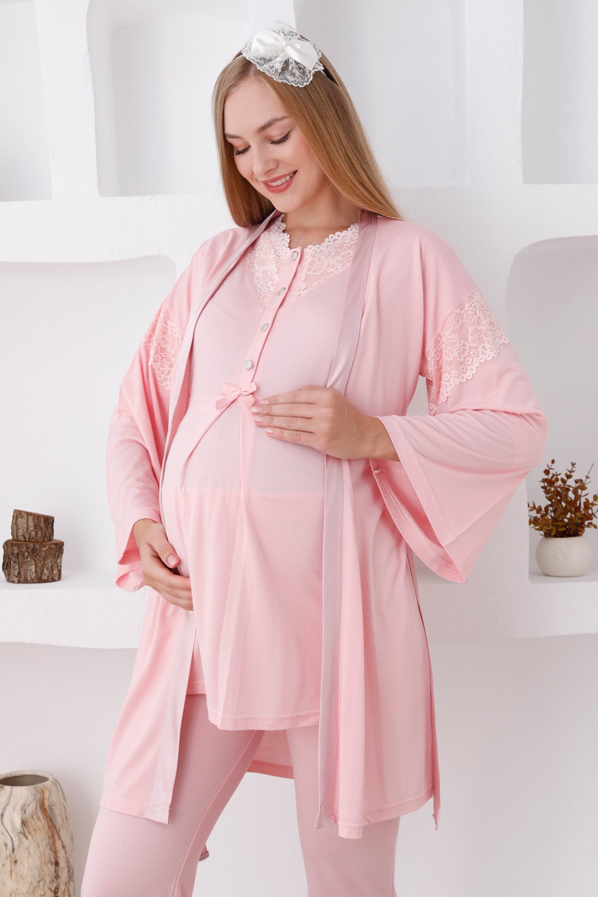 Lace Collar 3-Pieces Maternity & Nursing Pajamas With Robe Salmon - 3420