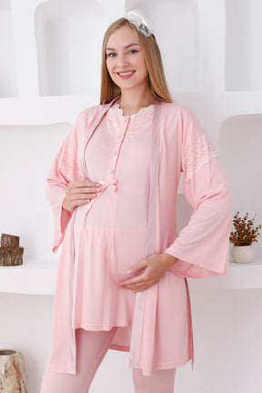 Lace Collar 3-Pieces Maternity & Nursing Pajamas With Robe Salmon - 3420