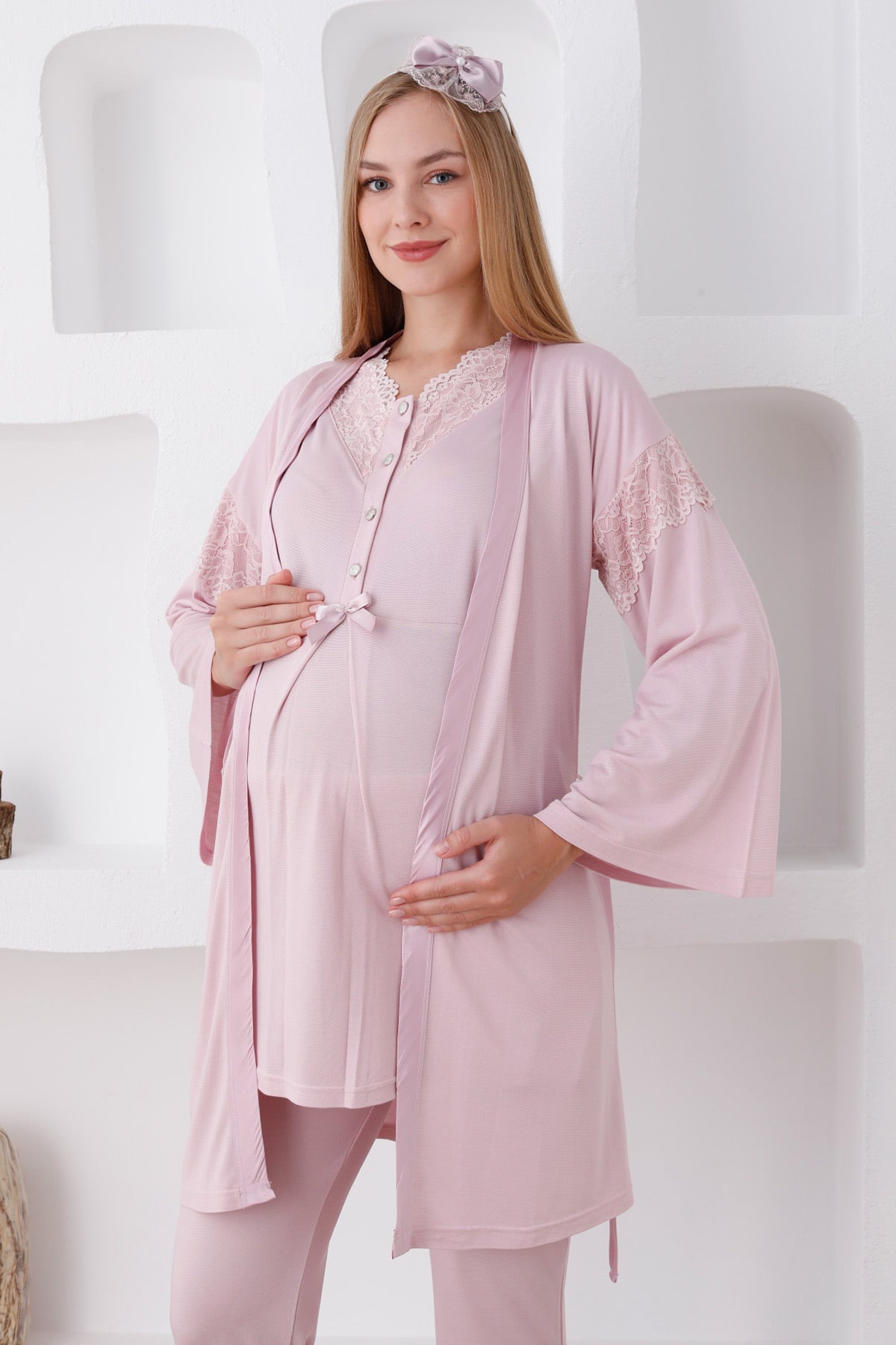 Lace Collar 3-Pieces Maternity & Nursing Pajamas With Robe Powder - 3420