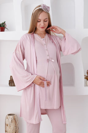 Lace Collar 3-Pieces Maternity & Nursing Pajamas With Robe Powder - 3420