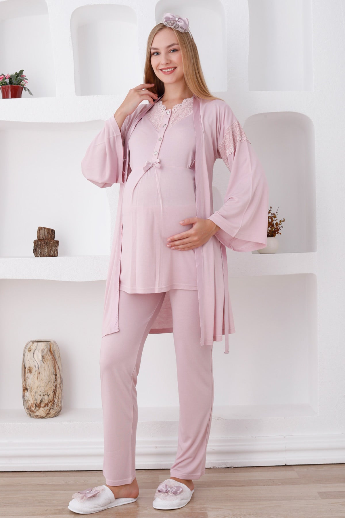 Lace Collar 3-Pieces Maternity & Nursing Pajamas With Robe Powder - 3420