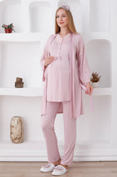 Lace Collar 3-Pieces Maternity & Nursing Pajamas With Robe Powder - 3420