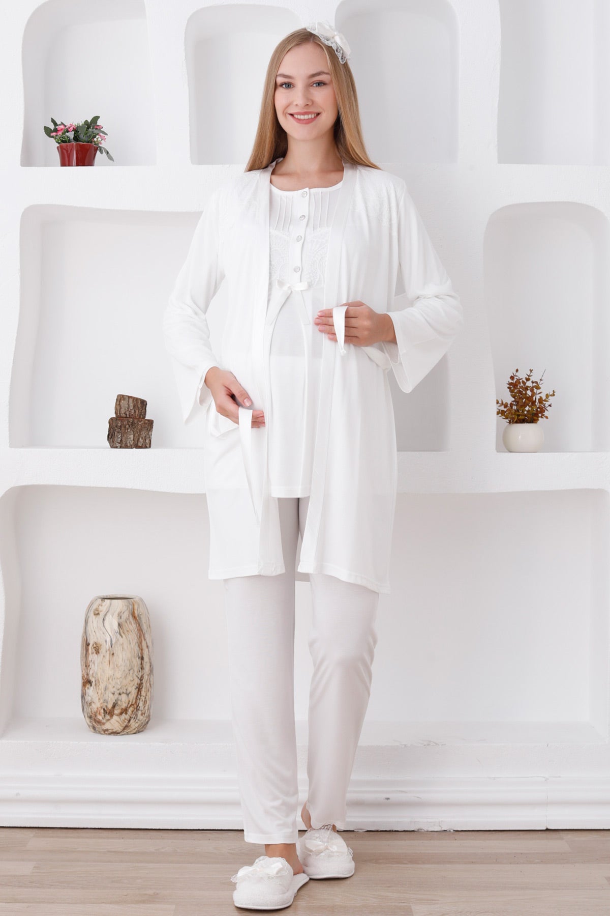 Lace Shoulder 3-Piece Maternity-Nursing Pajama & Robe Set Ecru - 3423