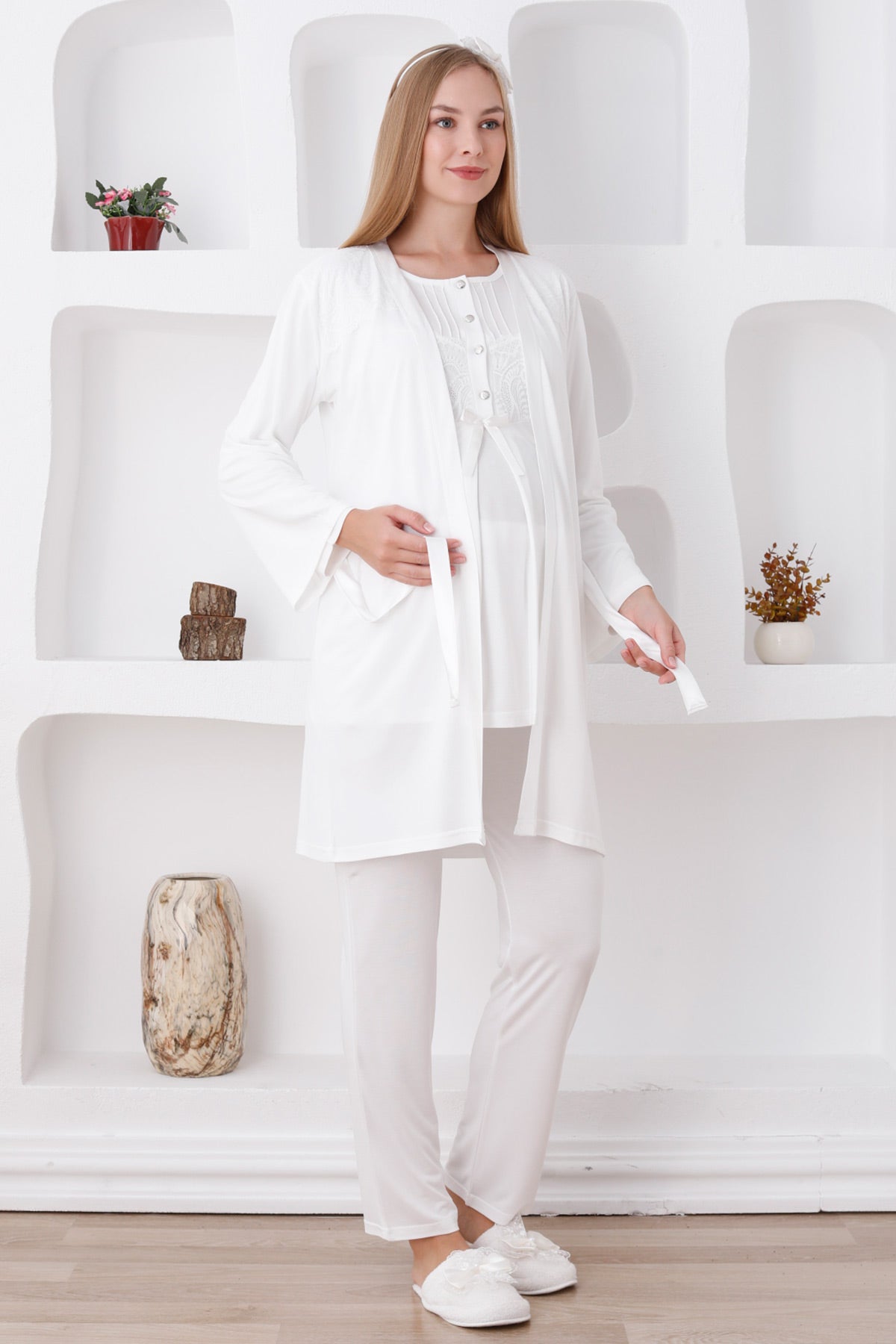 Lace Shoulder 3-Piece Maternity-Nursing Pajama & Robe Set Ecru - 3423