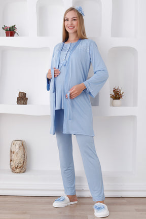 Lace Shoulder 3-Piece Maternity-Nursing Pajama & Robe Set Blue - 3423