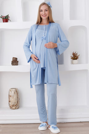 Lace Shoulder 3-Piece Maternity-Nursing Pajama & Robe Set Blue - 3423