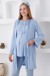 Lace Shoulder 3-Piece Maternity-Nursing Pajama & Robe Set Blue - 3423