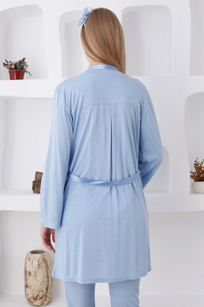 Lace Shoulder 3-Piece Maternity-Nursing Pajama & Robe Set Blue - 3423