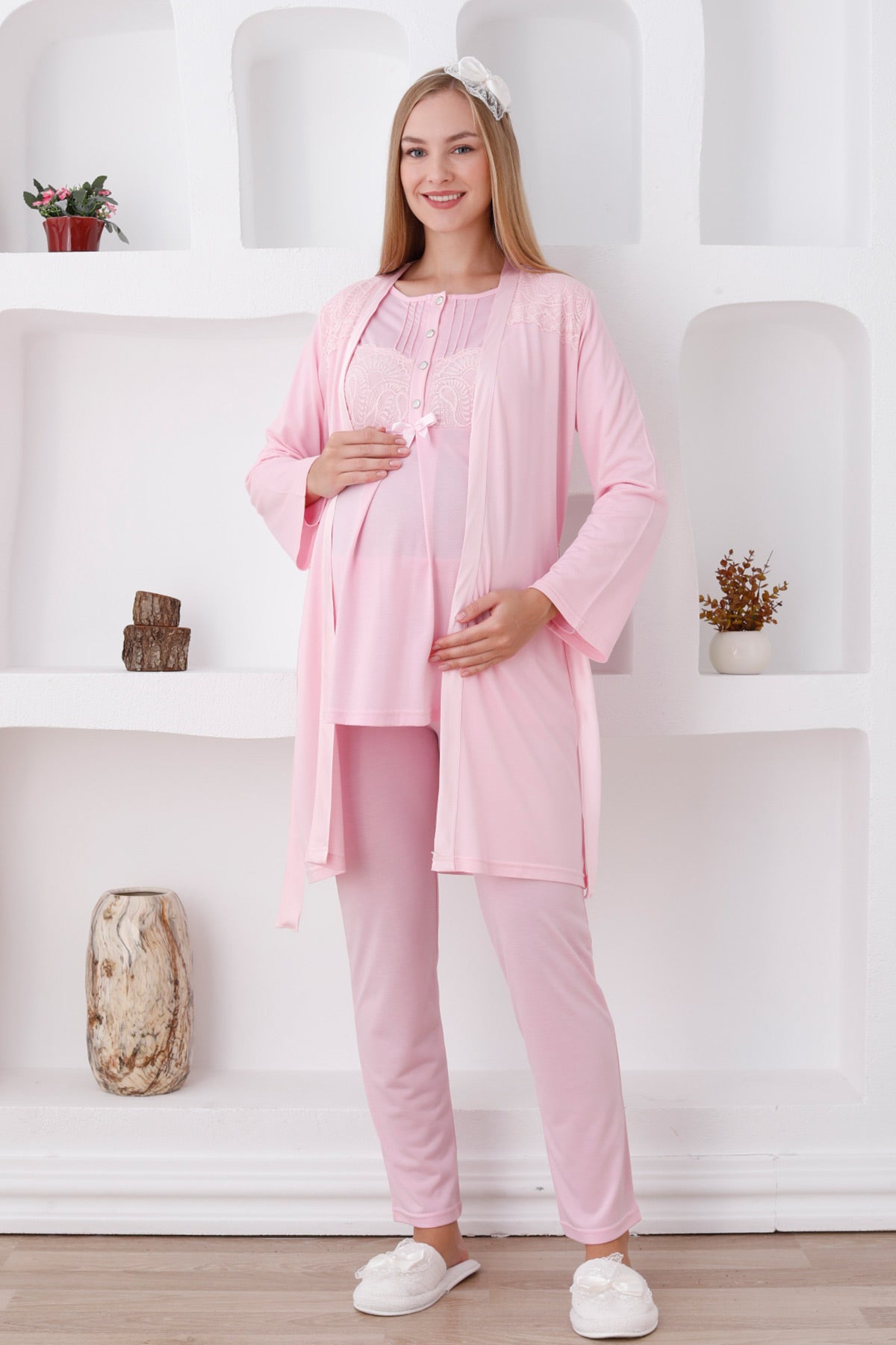 Lace Shoulder 3-Piece Maternity-Nursing Pajama & Robe Set Pink - 3423