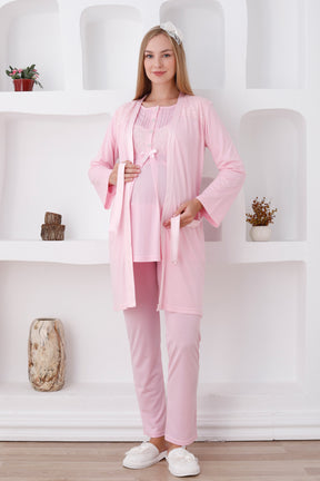 Lace Shoulder 3-Piece Maternity-Nursing Pajama & Robe Set Pink - 3423