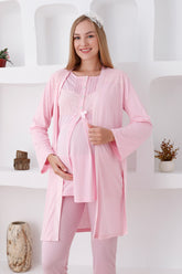 Lace Shoulder 3-Piece Maternity-Nursing Pajama & Robe Set Pink - 3423