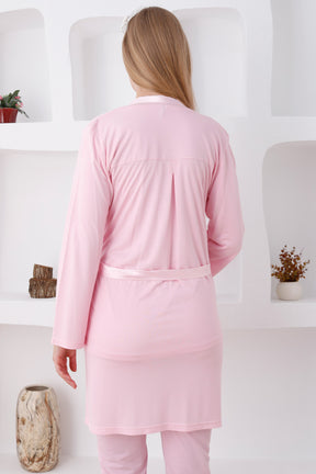 Lace Shoulder 3-Piece Maternity-Nursing Pajama & Robe Set Pink - 3423