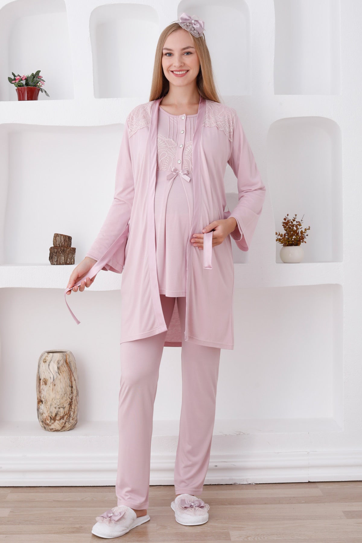 Lace Shoulder 3-Piece Maternity-Nursing Pajama & Robe Set Powder - 3423