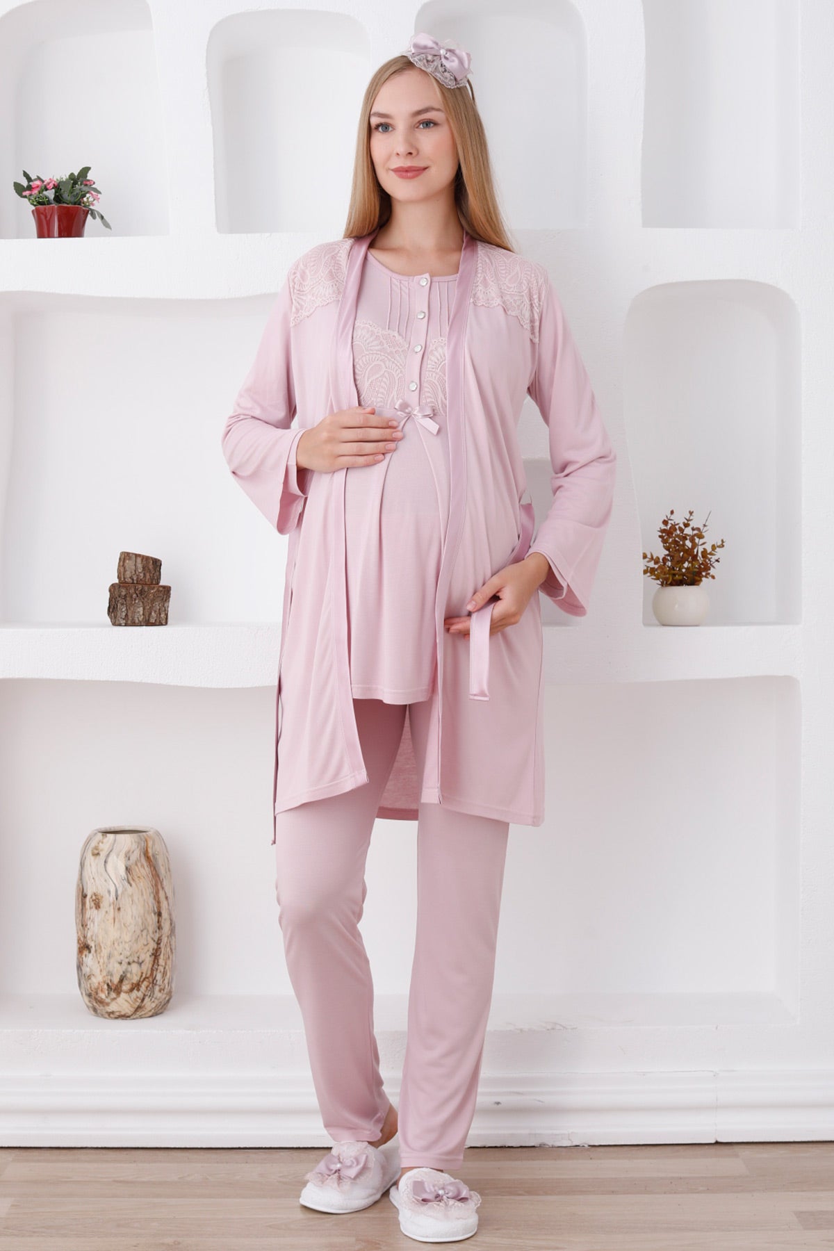 Lace Shoulder 3-Piece Maternity-Nursing Pajama & Robe Set Powder - 3423