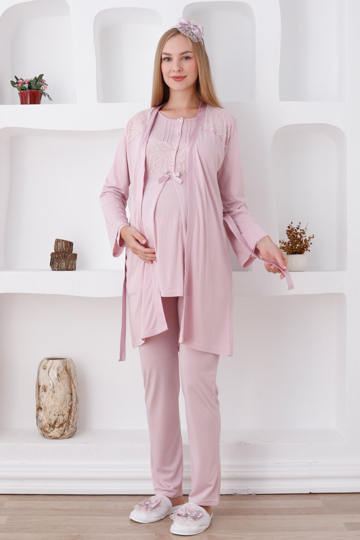 Lace Shoulder 3-Piece Maternity-Nursing Pajama & Robe Set Powder - 3423