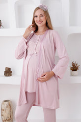 Lace Shoulder 3-Piece Maternity-Nursing Pajama & Robe Set Powder - 3423