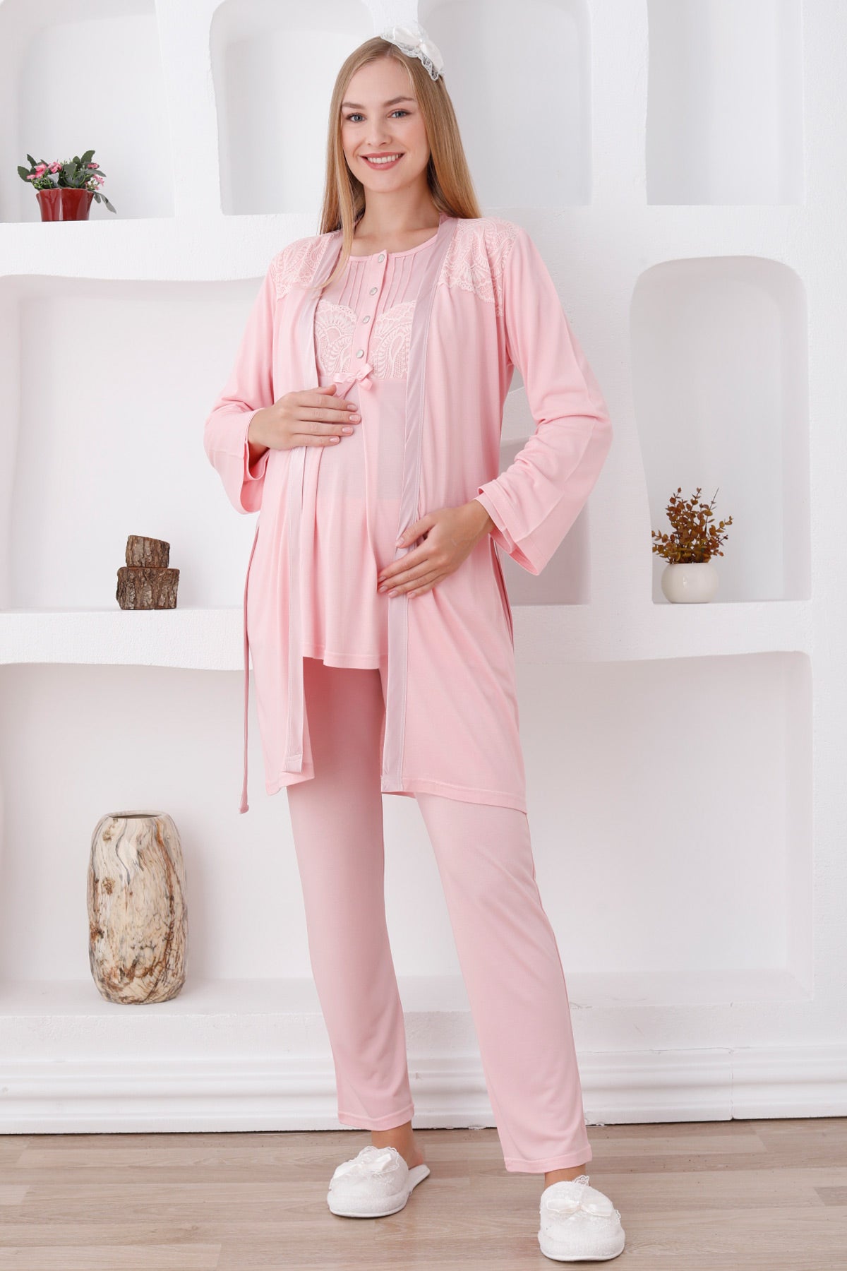 Lace Shoulder 3-Piece Maternity-Nursing Pajama & Robe Set Salmon - 3423