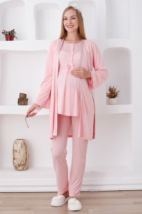 Lace Shoulder 3-Piece Maternity-Nursing Pajama & Robe Set Salmon - 3423