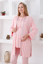 Lace Shoulder 3-Piece Maternity-Nursing Pajama & Robe Set Salmon - 3423