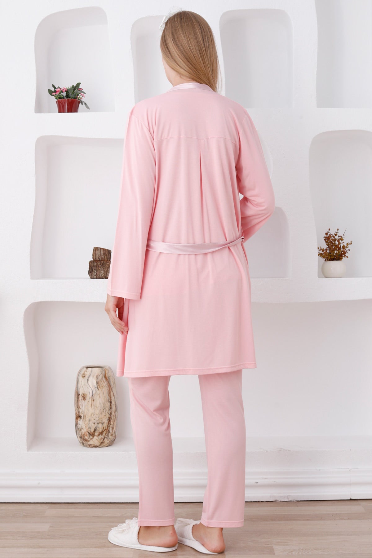 Lace Shoulder 3-Piece Maternity-Nursing Pajama & Robe Set Salmon - 3423