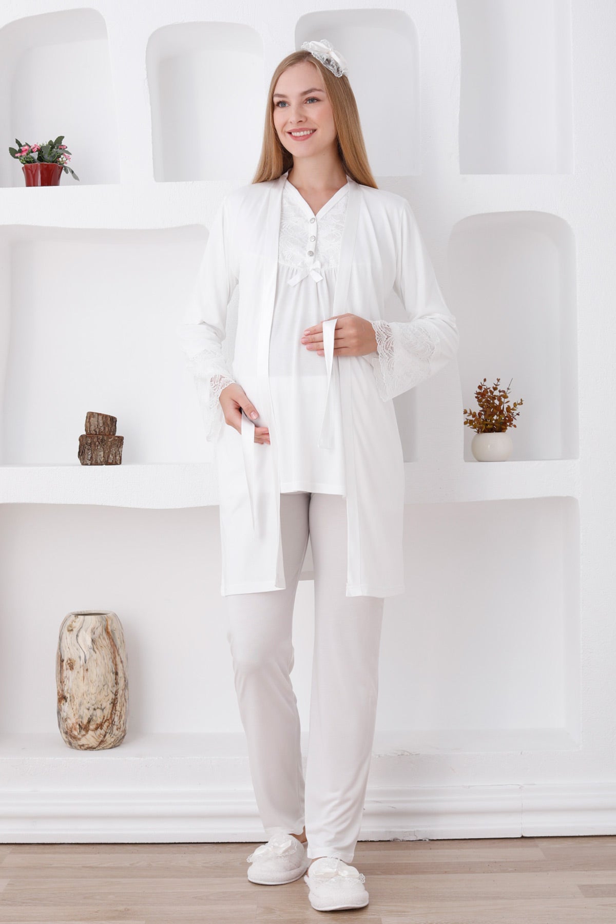 Lace Sleeve and Collar 3-Piece Maternity-Nursing Pajama & Robe Set Ecru - 3424