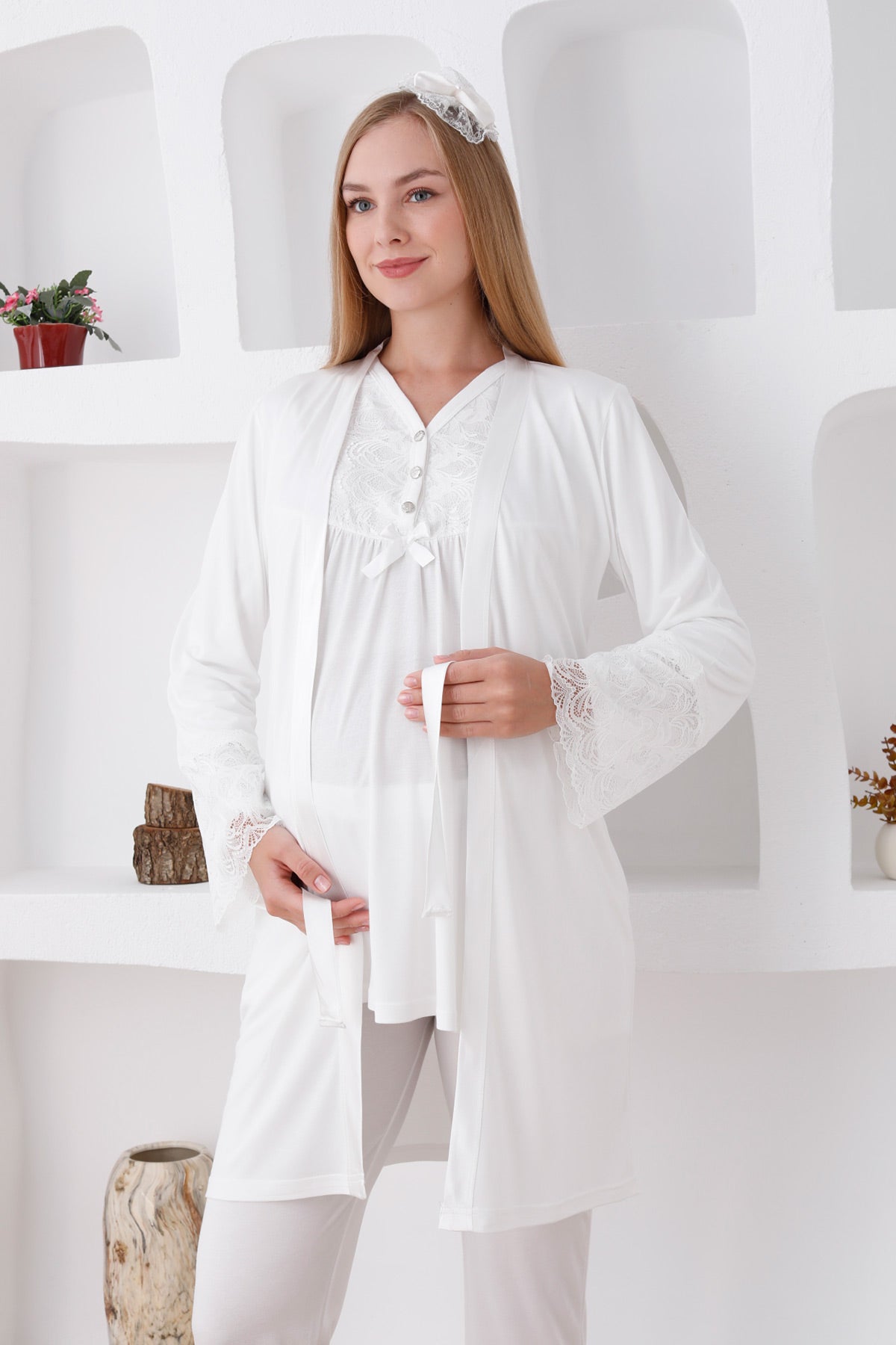 Lace Sleeve and Collar 3-Piece Maternity-Nursing Pajama & Robe Set Ecru - 3424