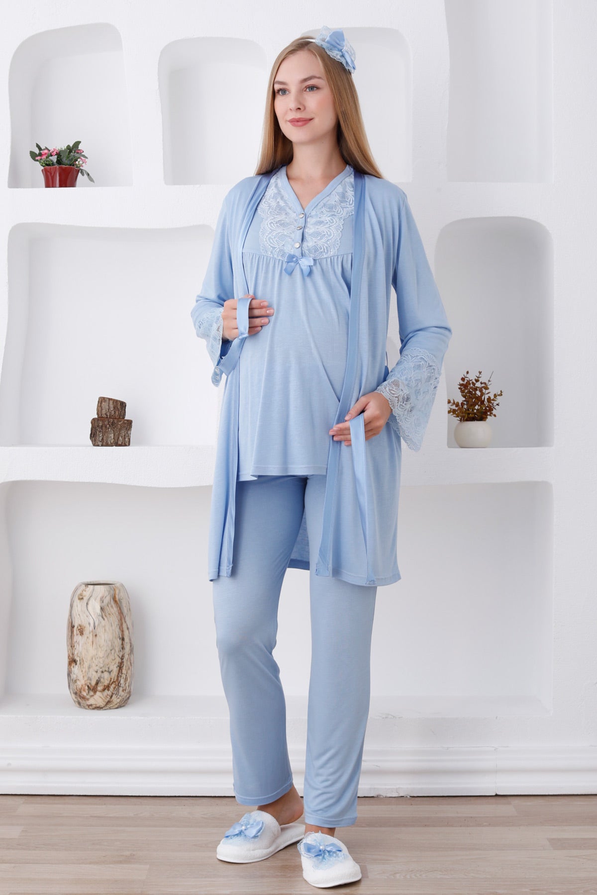 Lace Sleeve and Collar 3-Piece Maternity-Nursing Pajama & Robe Set Blue - 3424