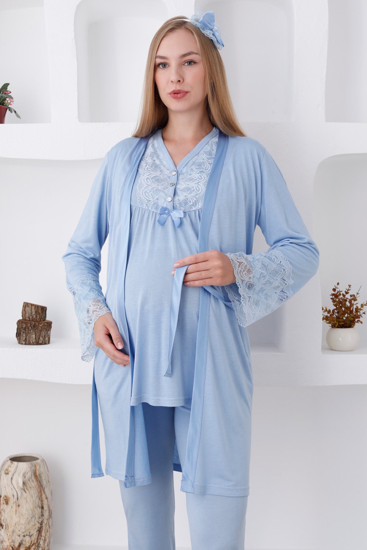 Lace Sleeve and Collar 3-Piece Maternity-Nursing Pajama & Robe Set Blue - 3424